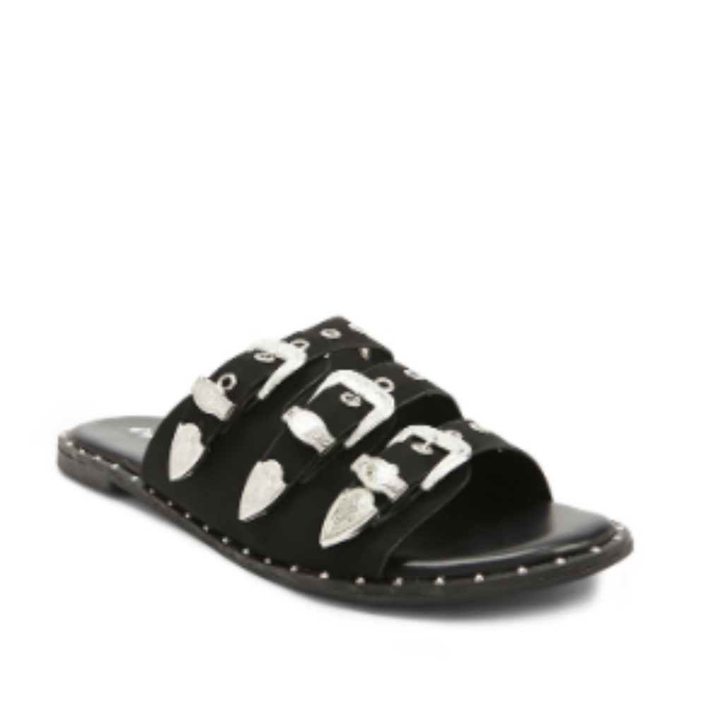 Qupid Black Studded Triple-Buckle Slides NWOT